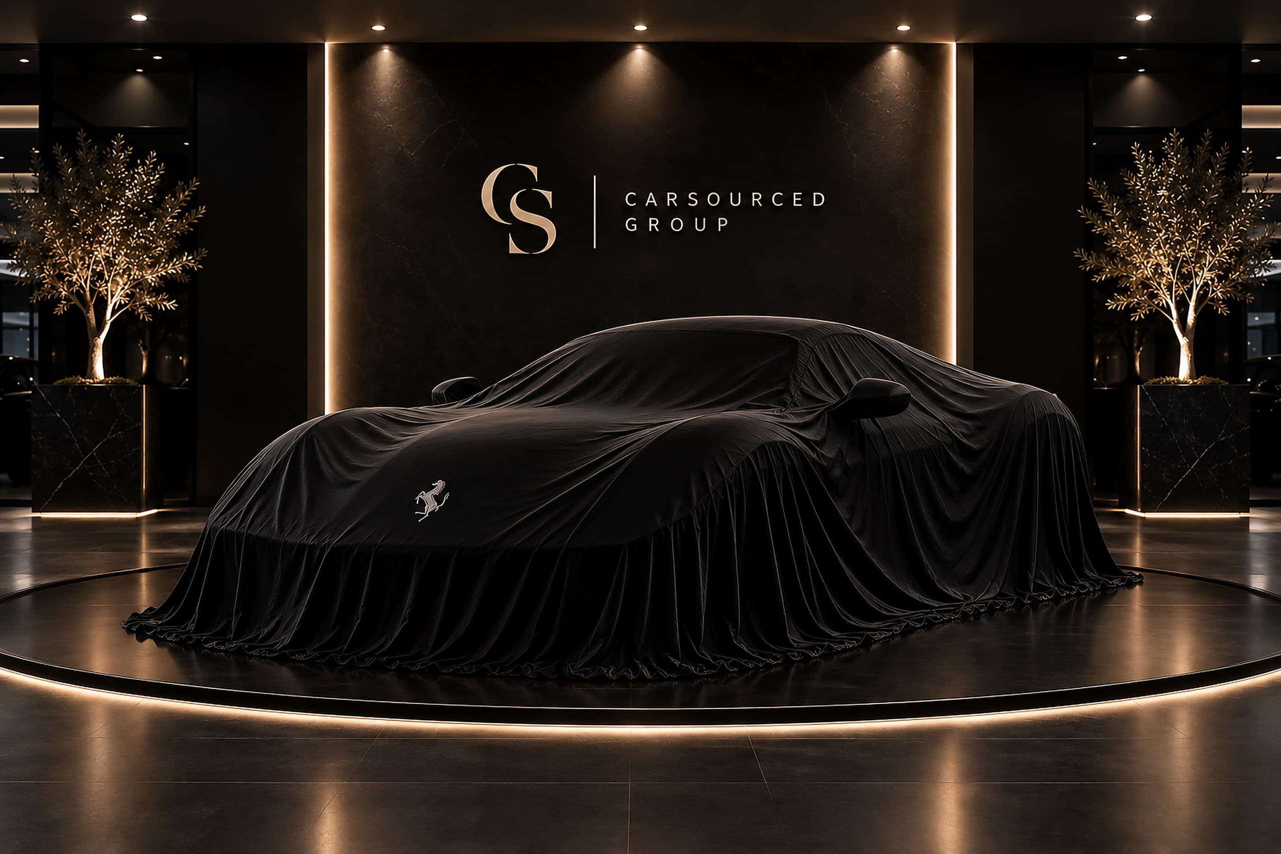 The Ferrari 599 GTO under a cover on the CarSourced Group stand, shown because the vehicle itself is not disclosed before a letter of intent