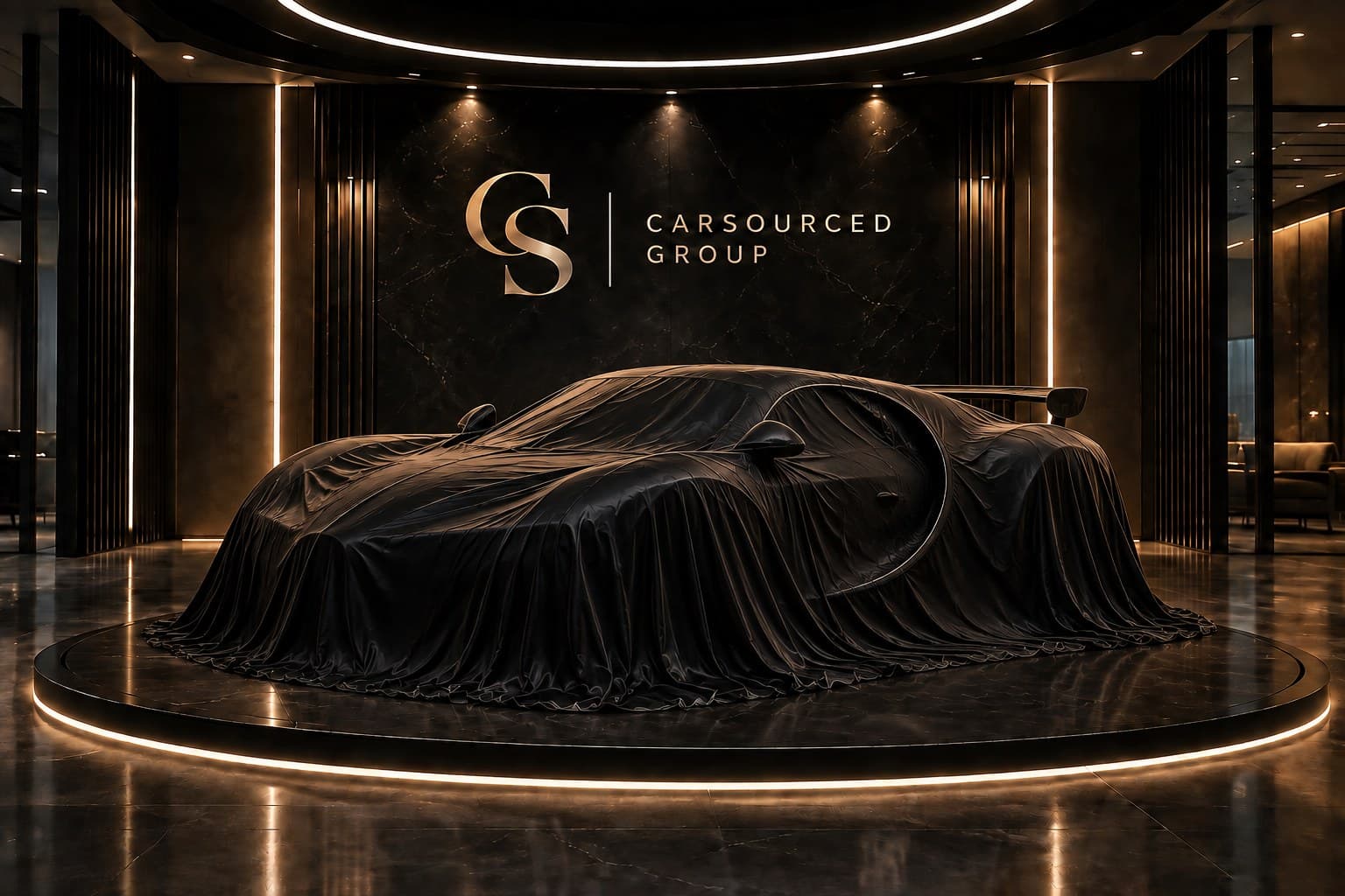 The Bugatti Chiron Sport under a cover on the CarSourced Group stand, shown because the vehicle itself is not disclosed before a letter of intent