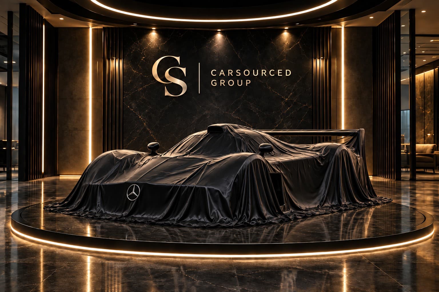 The Mercedes-Benz CLK GTR under a cover on the CarSourced Group stand, shown because the vehicle itself is not disclosed before a letter of intent