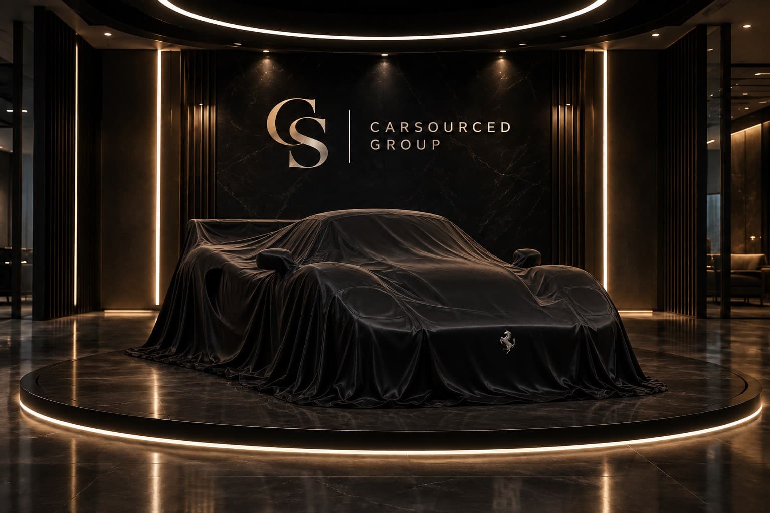 The Ferrari F50 under a cover on the CarSourced Group stand, shown because the vehicle itself is not disclosed before a letter of intent