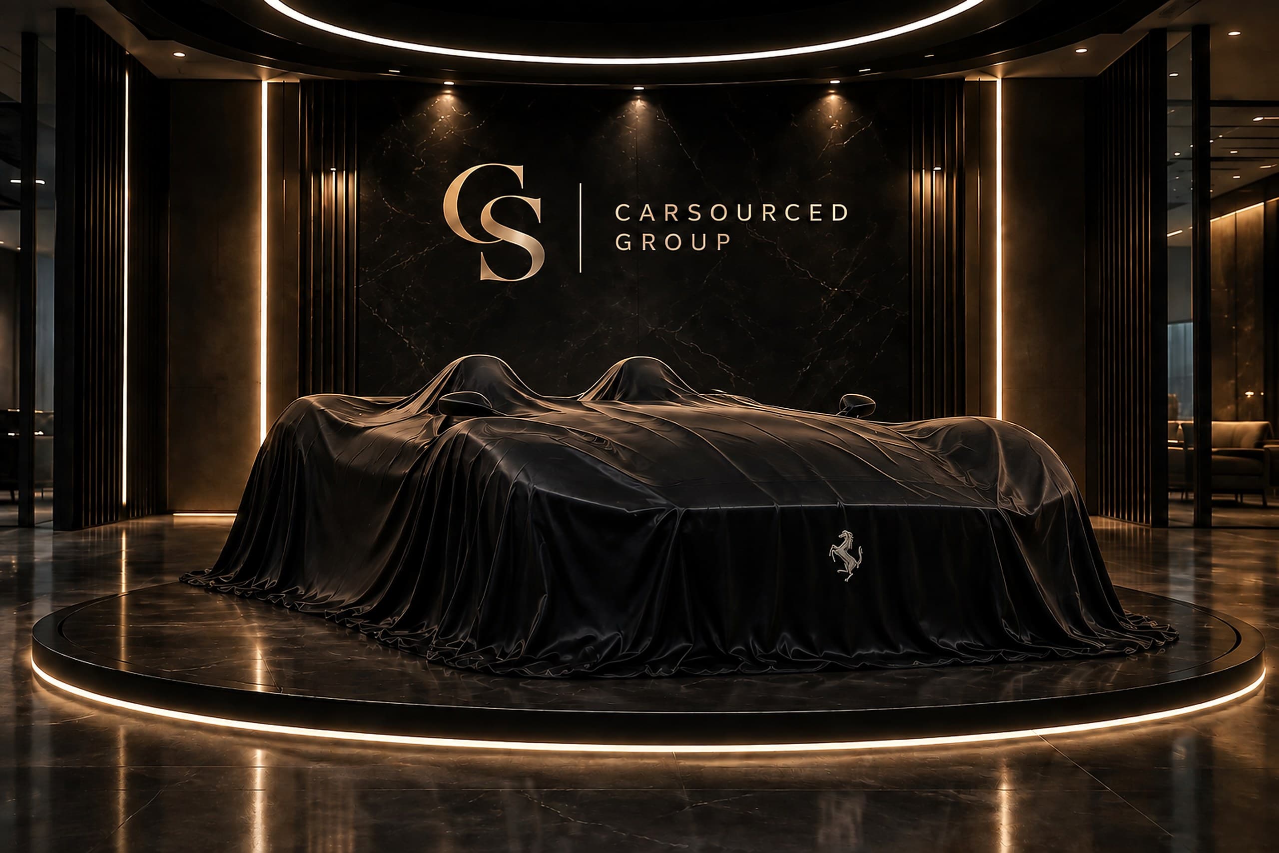 The Ferrari Monza SP2 under a cover on the CarSourced Group stand, shown because the vehicle itself is not disclosed before a letter of intent