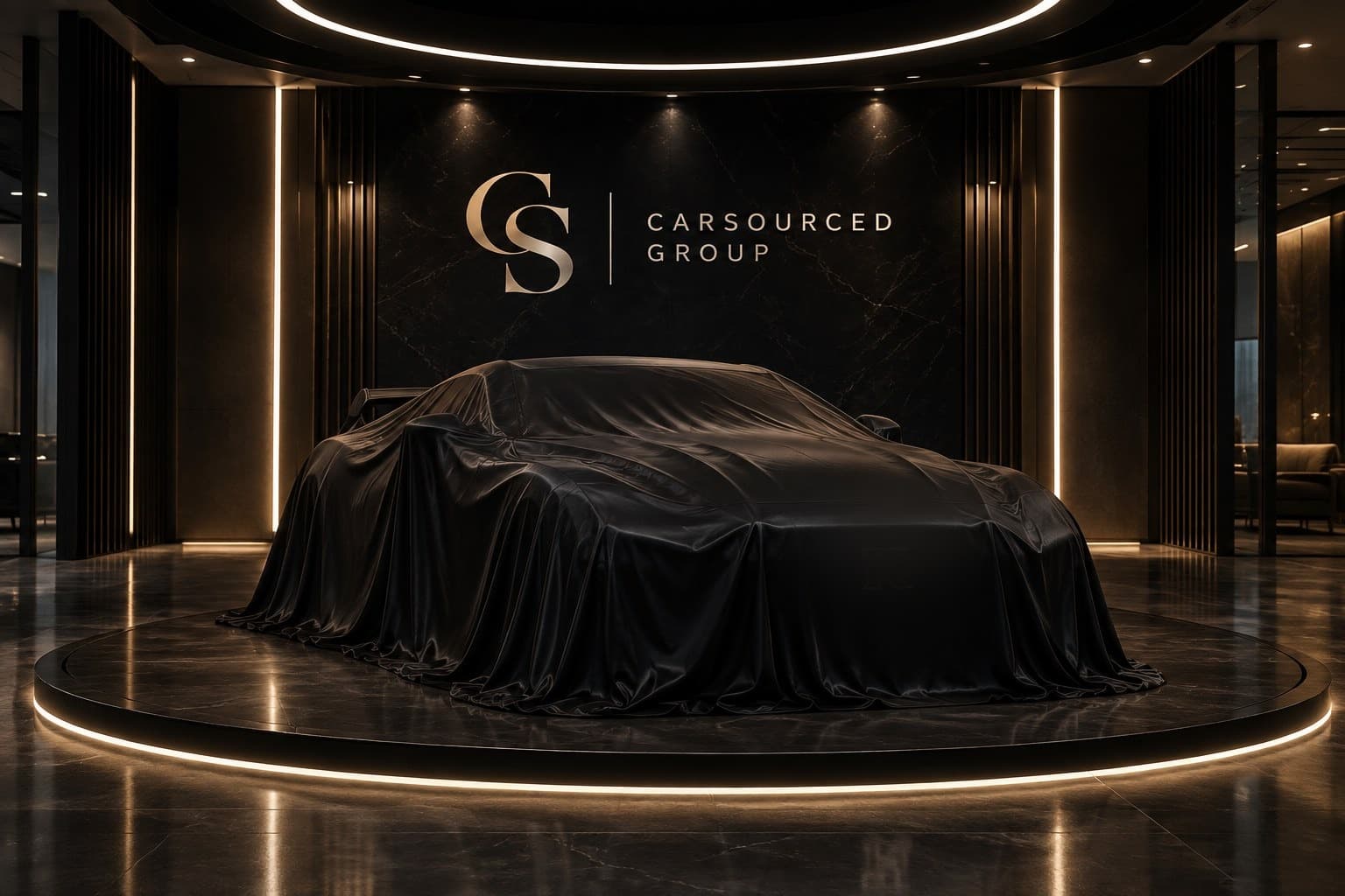 A car under a cover on the CarSourced Group stand, shown because the vehicle itself is not disclosed before a letter of intent